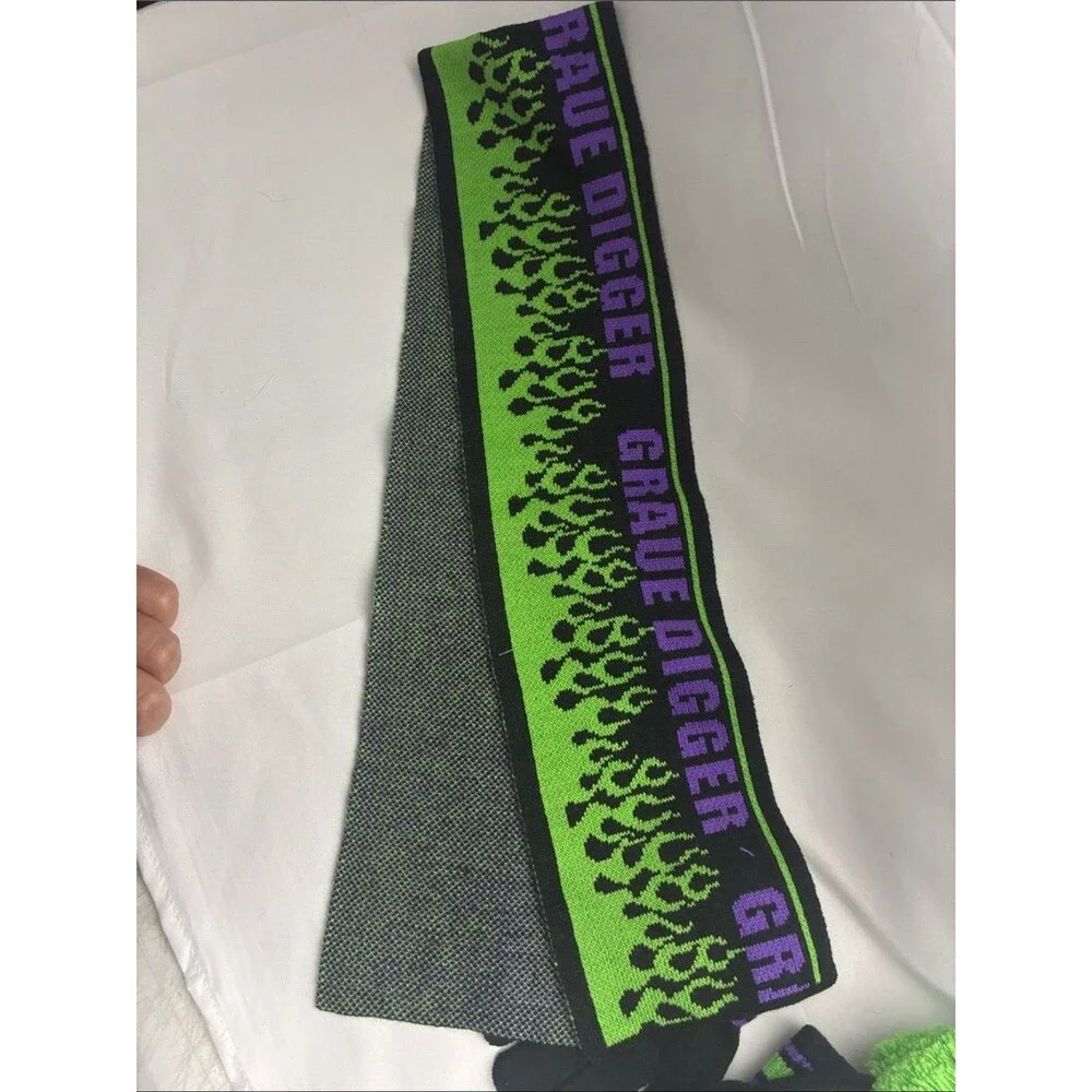 Grave Digger Kids Matching Beanie, Scarf & Gloves Set - Black/Green/Purple